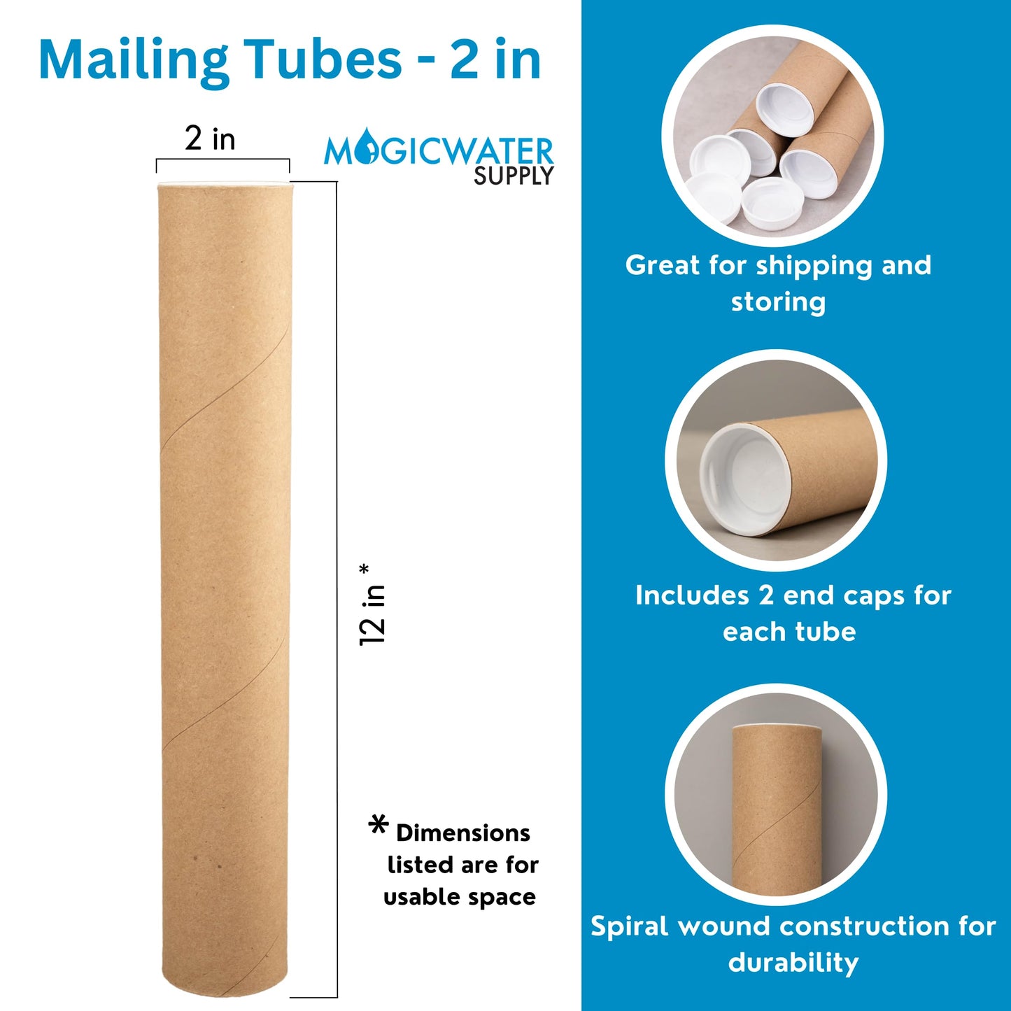 MagicWater Supply Mailing Tube - 2 in x 12 in - Kraft - 12 Pack - for Shipping and Storage of Posters, Arts, Crafts, and Documents