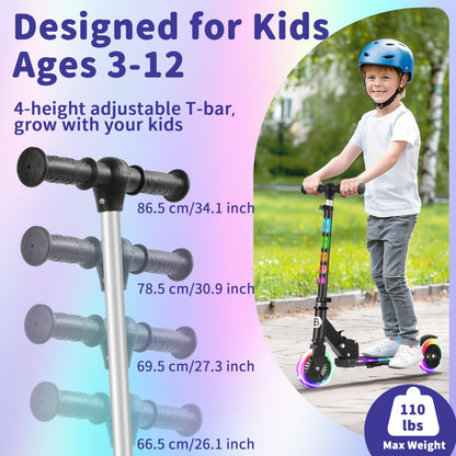 BELEEV Scooters for Kids with Light-Up Wheels & Stem & Deck, 2 Wheel Folding Scooter for Girls Boys, 4 Adjustable Height, Lightweight Kick Scooter with Kickstand for Children Ages 3-12 (Dark Black)