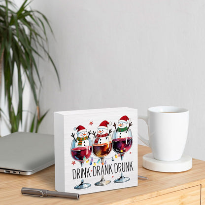 HYKDFMNCJ Christmas Snowman Wine Wooden Box Sign Desk Decor, Christmas Bar Decor, Drink Drank Drunk Winter Snowman Holiday Wood Signs for Home Bar Pub Desk Table Shelf Decorations, 5x5 Inch