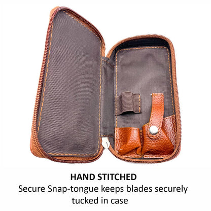 Parker Saddle‑Brown Leather Double Edge Safety Razor Case with Blade Compartment – Zip Travel Pouch