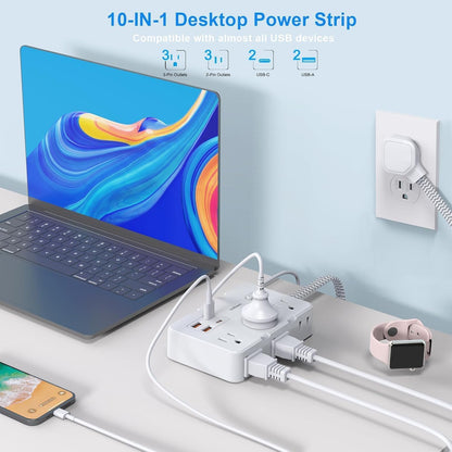 Flat Plug Power Strip Surge Protector, 5ft Ultra Thin Extension Cord with 4 USB Wall Charger(2 USB C Port), 6 Widely-Spaced Outlets Power Strip Compact for Travel, Office, Dorm Room Essentials (White)