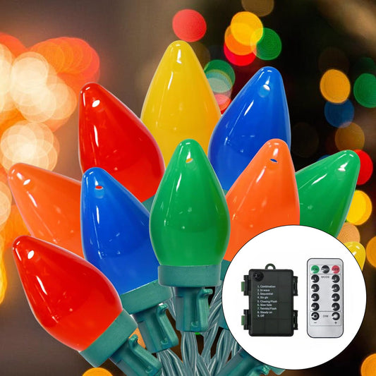 100LED C7 Christmas Lights Battery Operated Outdoor with 8 Mode Remote Control, 2 Sets 27.5FT 50 Twinkle Big Christmas Lights for Colored Xmas Tree, Home Garden Patio Decorations