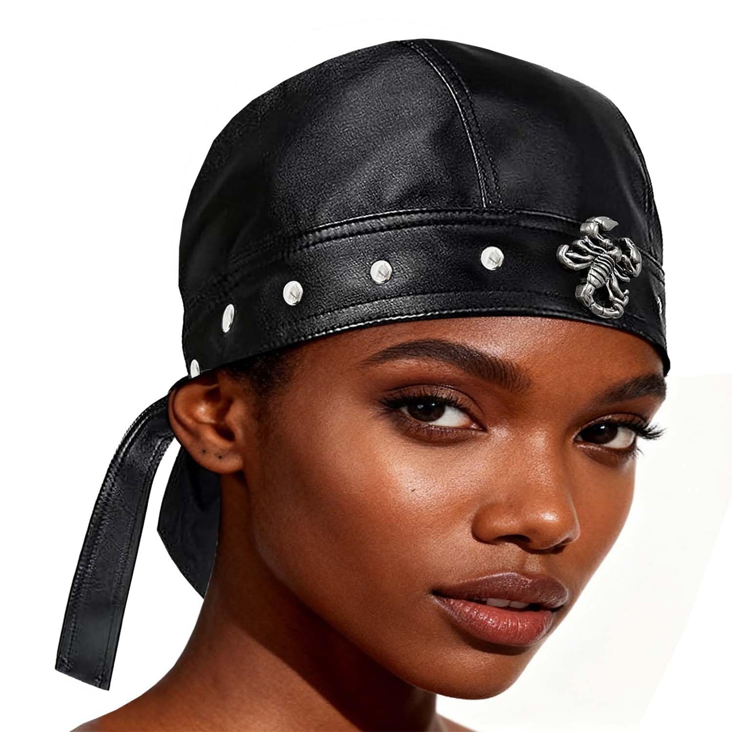Punk Biker Leather Cap with Necklace for Women Skull Motorcycle Hat with Snug Fit, Stylish Biker Head Wrap & Riding Cap for Badass Look Adjustable Black