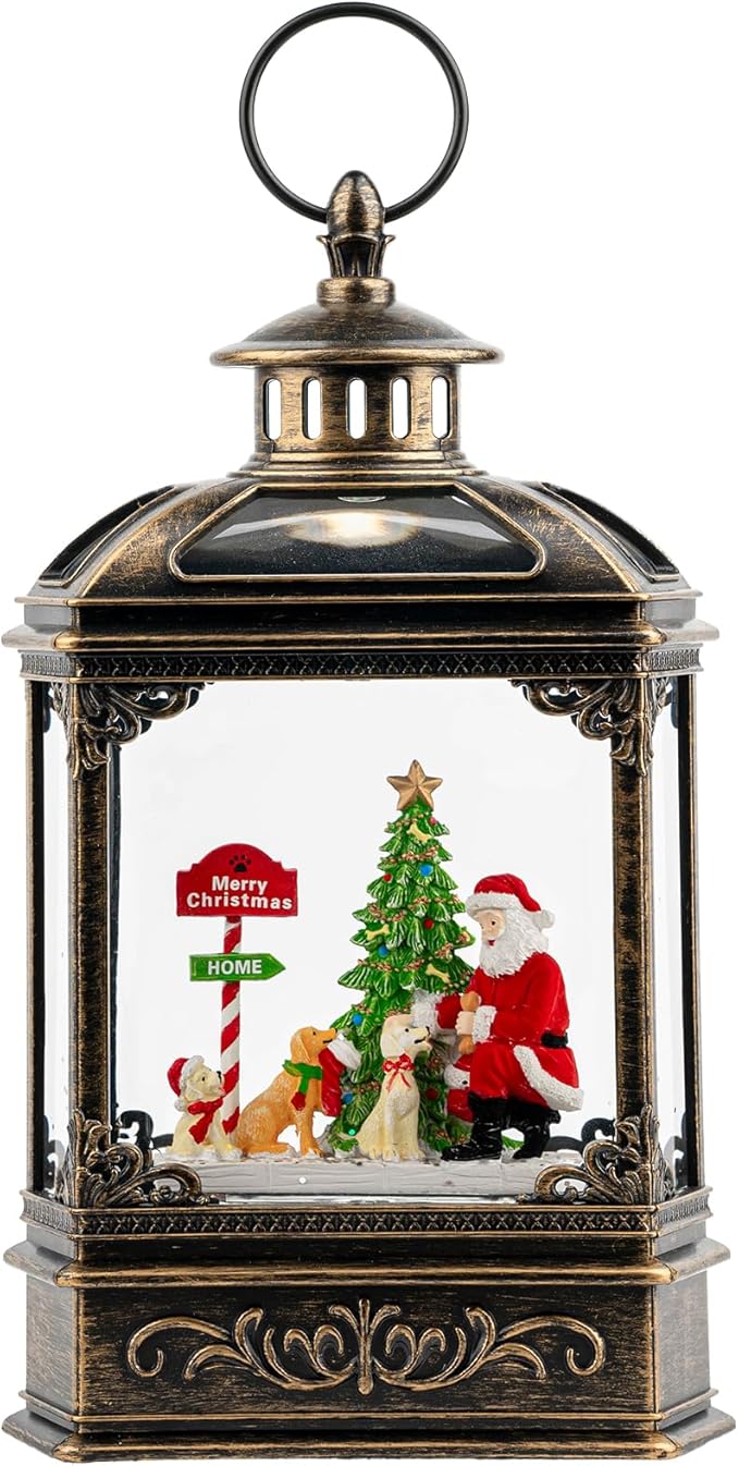 Christmas Snow Globe Lantern Water Glittering Santa Claus & Pups with Music & Timer, USB Lined/Battery Operated Lighted Lantern for Christmas Festival Decoration Gifts