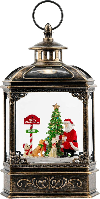 Christmas Snow Globe Lantern Water Glittering Santa Claus & Pups with Music & Timer, USB Lined/Battery Operated Lighted Lantern for Christmas Festival Decoration Gifts