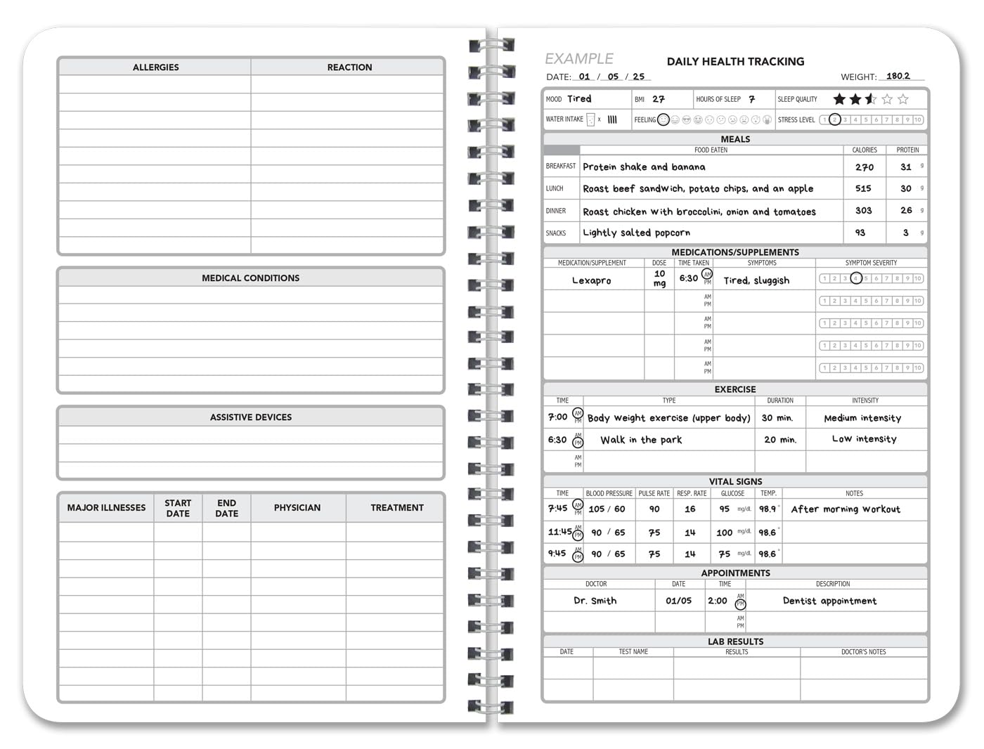 BookFactory My Health Log Book, Daily Tracking Record Journal Logbook - Wire-O, 100 Pages, 6” x 9'' (Made in USA)
