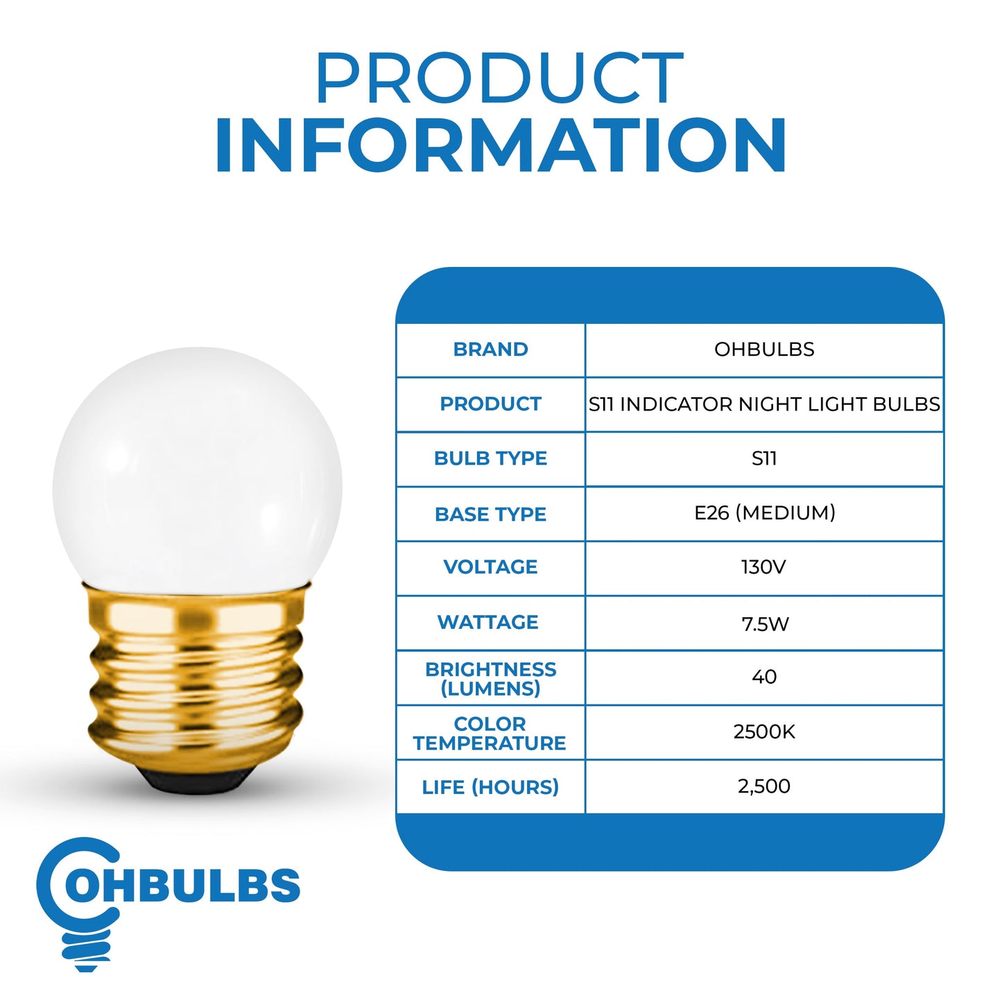 OHBULBS S11 Indicator Incandescent Ceramic White Night Bulb with E26 Base, 7.5W White Light with 40 Lumen Brightness, Perfect for Home Decor, Pack of 20