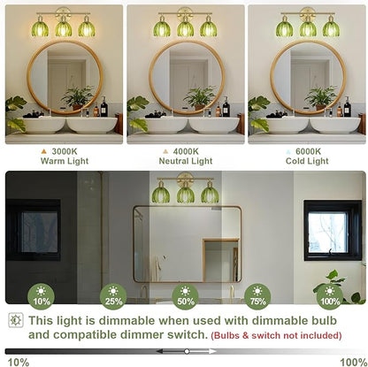 Vintage Bathroom Light Fixtures,3-Light Hardwired Vanity Lights Over Mirror,Gold Wall Sconces with Green Tulip Glass Shade for Bathroom Living Room,E26 Socket(Bulbs Not Included)