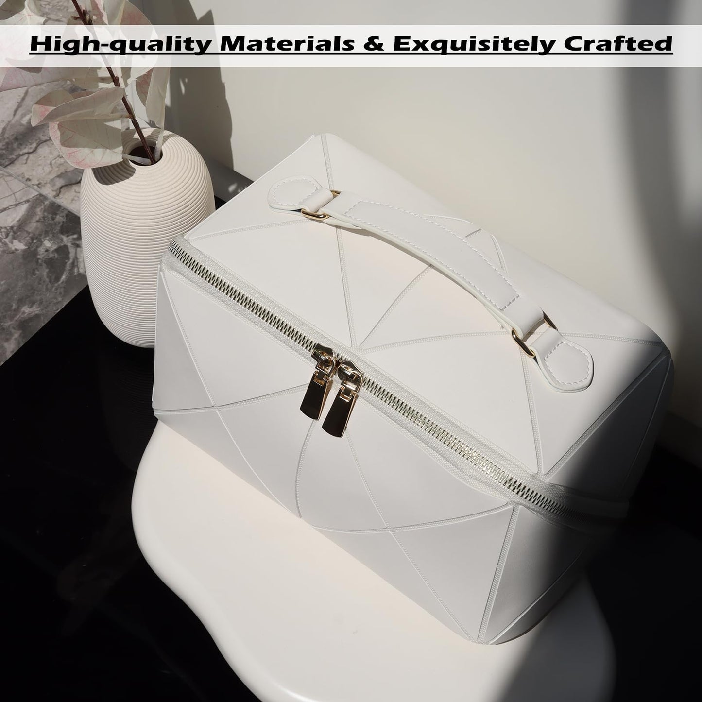 IMCUZUR Travel Makeup Bag Large Cosmetic Bag for Women, Open Flat Make up Bag Portable Skincare Bag with Handle (White)