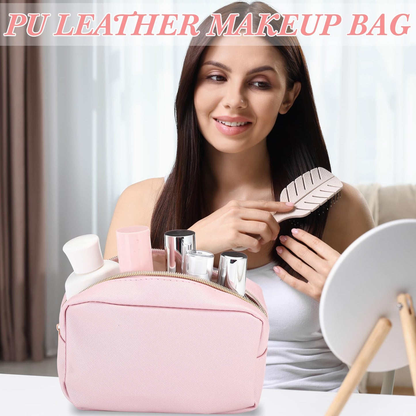 Sweetude 10 Pcs Makeup Bag Bulk for Women Preppy Gift PU Leather Cosmetic Bag Small Skincare Toiletry Pouch Wedding Travel Cosmetic Pouch for Bridesmaid Bride Mother Gift Favors (Rose Gold)