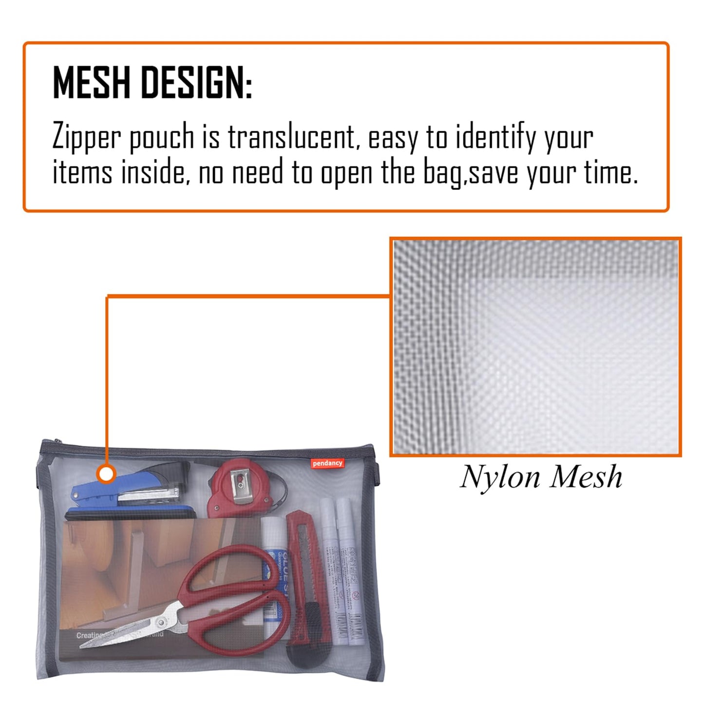 pendancy Mesh Zipper Pouch 5pcs Lightweight Nylon File Folders Document Organizer Cosmetic Bags Accessories Storage for Travel and Office Supplies (Grey, A4 A5 A6)