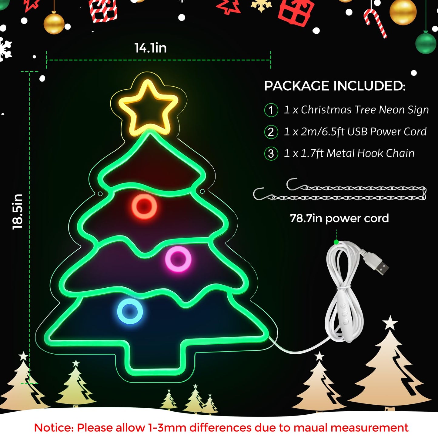 LEDLampsWorld 18.5 x 14.2 Inch Christmas Tree Neon Sign LED Sign for Wall Decor, Neon Lights for Bedroom, Living Room, Home, Party, Yard, Christmas Gifts