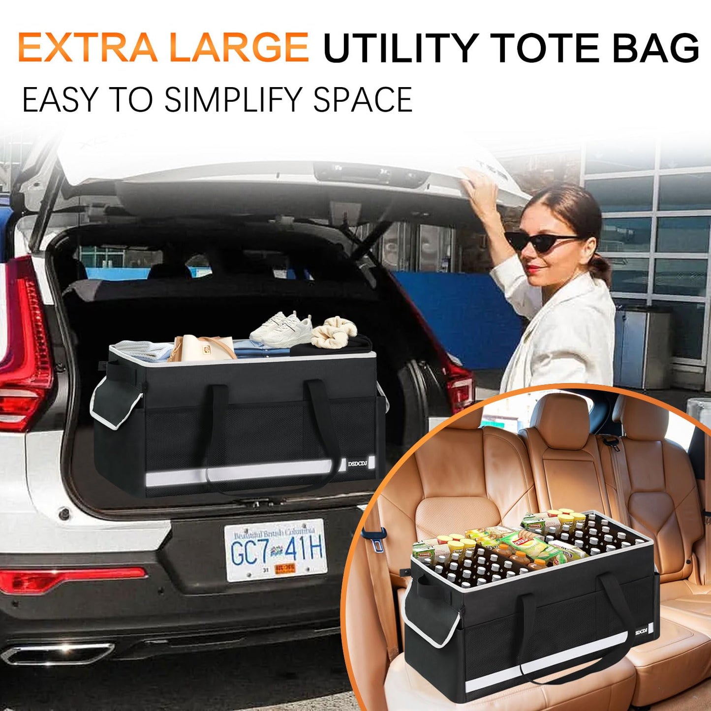 DSDCDJ Upgrade Extra Large Utility Tote Bag with Reflective Strip, Standing Reusable Grocery Bags with Hard Bottom & 4 Sided Reinforced, Collapsible Utility Tote with Handles for Shopping, Beach, Car