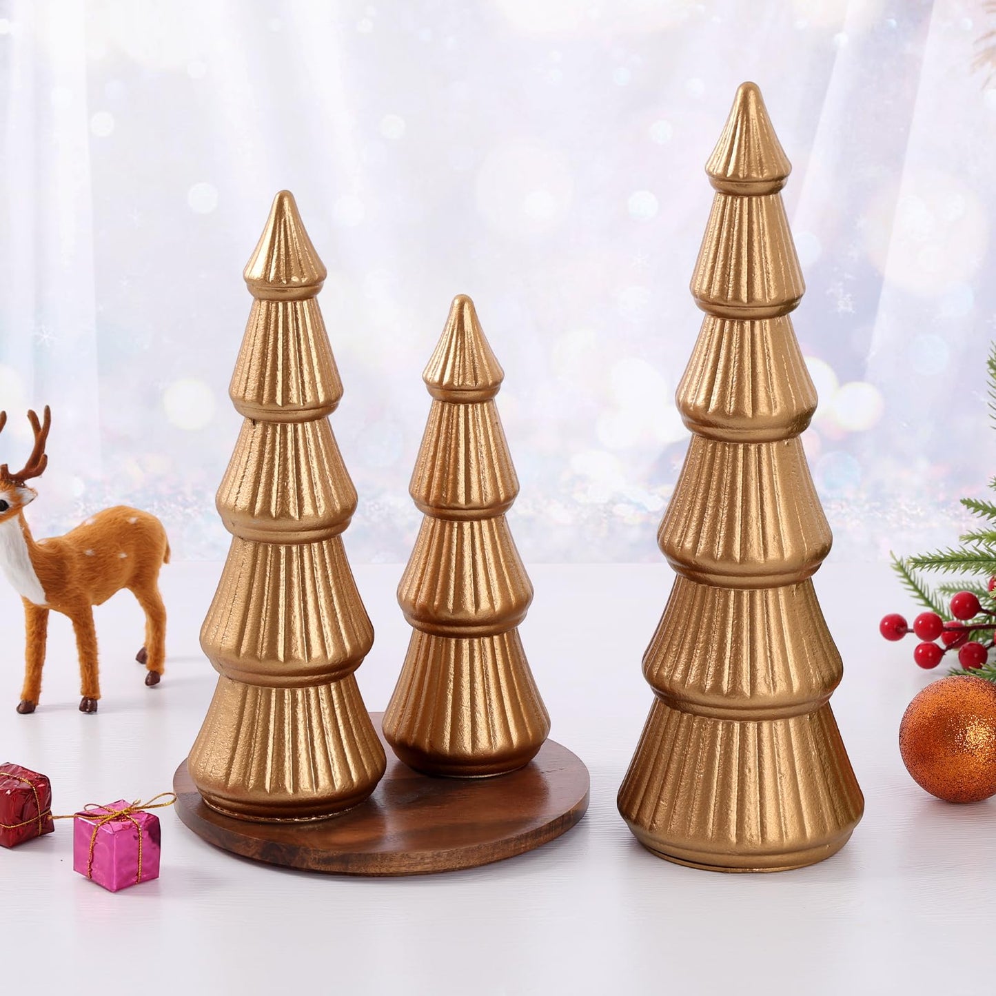 Fivebop Wooden Christmas Tree Figurine, 3 Pcs Tabletop Xmas Tree, Christmas Centerpiece Decor for Home Entryway Mantel Shelf Table Fireplace Holiday (Glod-Wood)