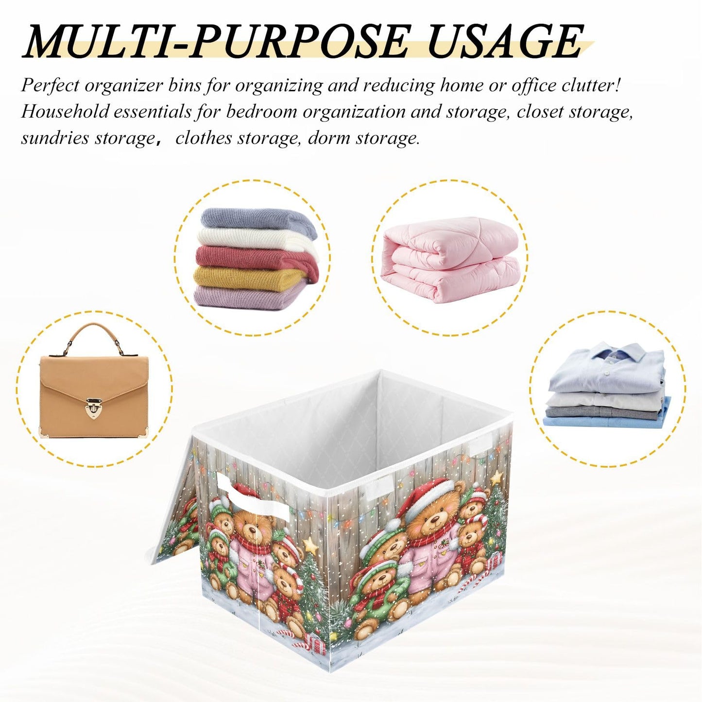 Bolaz Storage Bins with Lids and Handles,Christmas Bear Storage Box Basket with Cover Collapsible Organizer Containers for Home Closet, Shelves