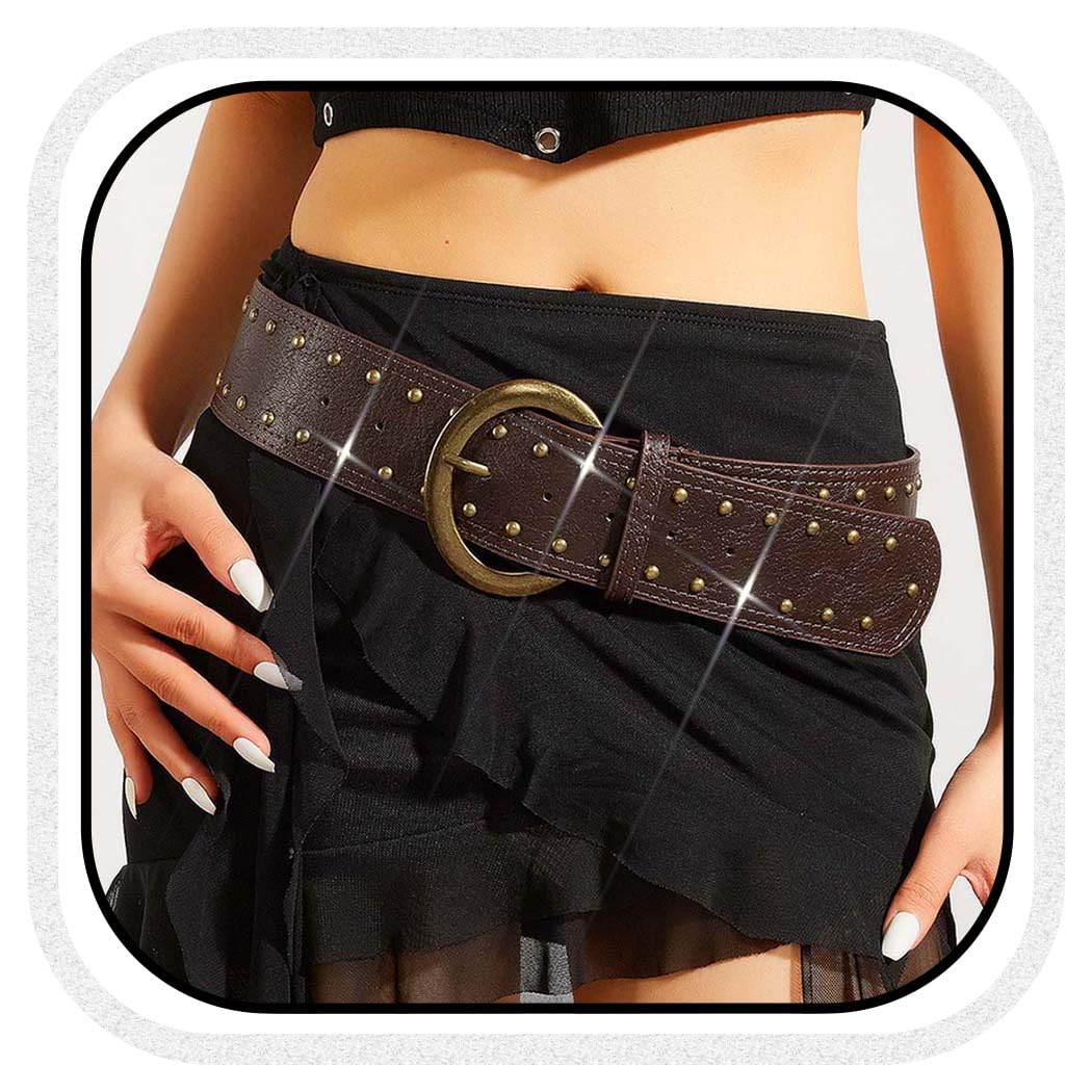 Beautriy Wide Studded Leather Belts Chunky Vintage Belt Fashion Thick Belt Accessories for Women (Coffee)