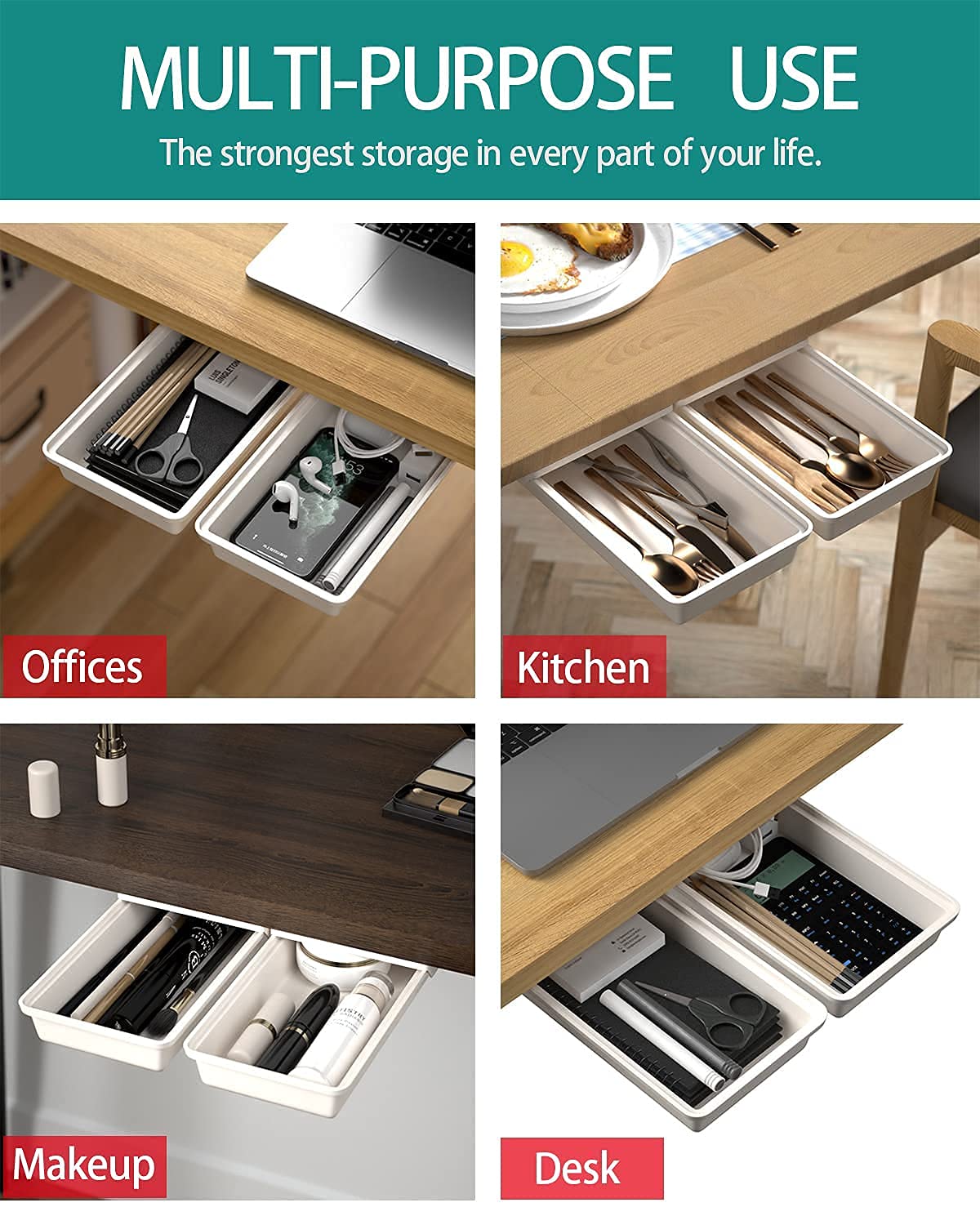 SVNNELP 2Pack Under Table Desk Drawer Storage Organizer Slide Out, Hidden Self-Adhesive Under Desktop Pencil Tray Drawer for Office,Classroom,Kitchen(S/white）