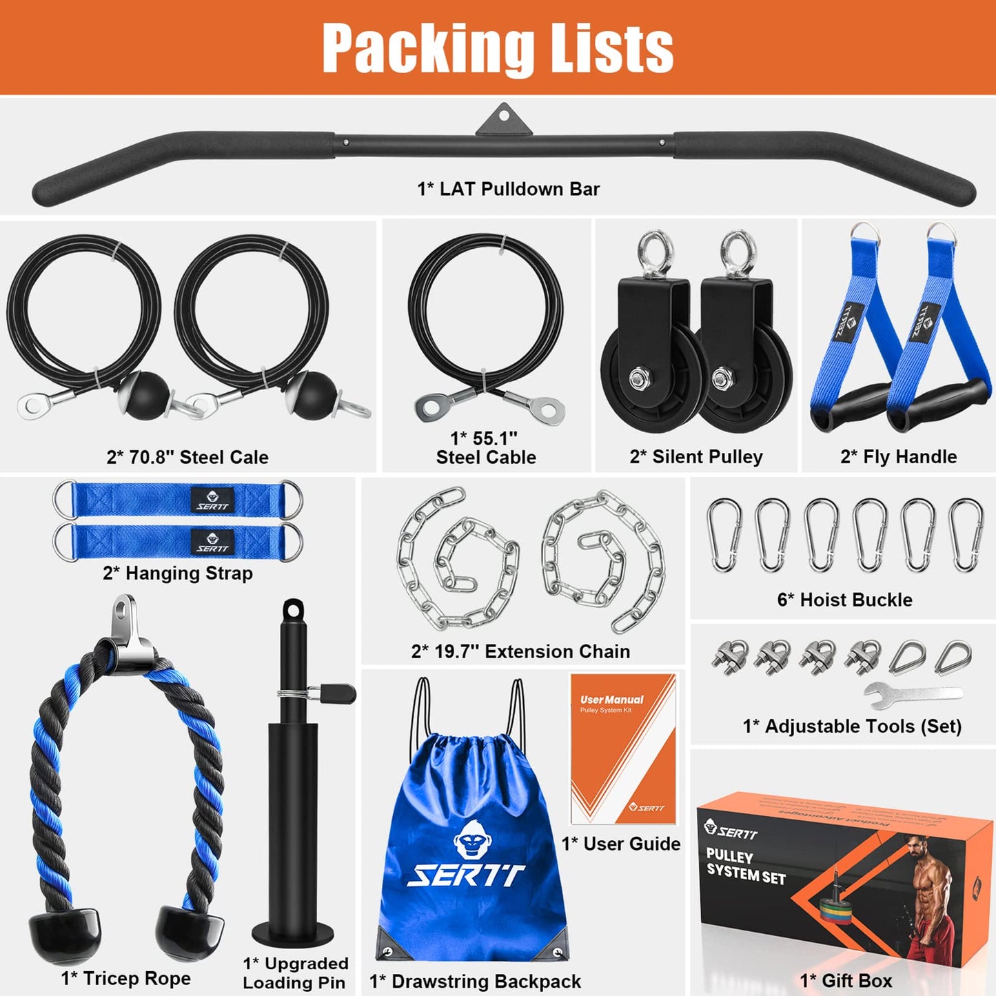 SERTT Home Gym Pulley System, Tricep Workout Pulley System for LAT Pulldown, Biceps Curl, Triceps, Shoulders, Back, Forearm Workout, Weight Cable Pulley System for Squat Rack, Garage