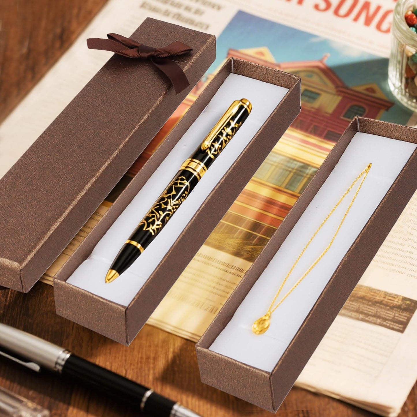 SINJEUN 36 PCS Empty Pen Gift Box, Brown Pen Boxes, Cardboard Pen Presentation Box with Bow Decor for Gift Birthday Souvenir Jewelry Display