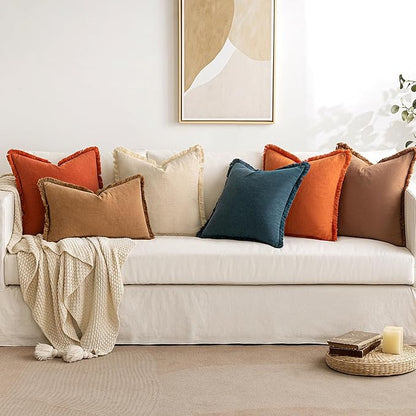 MIULEE Fall Decorative Throw Pillow Covers Neutral Linen Fringe Throw Pillows Set of 2 Orange Boho Farmhouse Cushion Covers with Tassels for Couch Sofa Bed Living Room Spring Home Decor 18x18 Inch