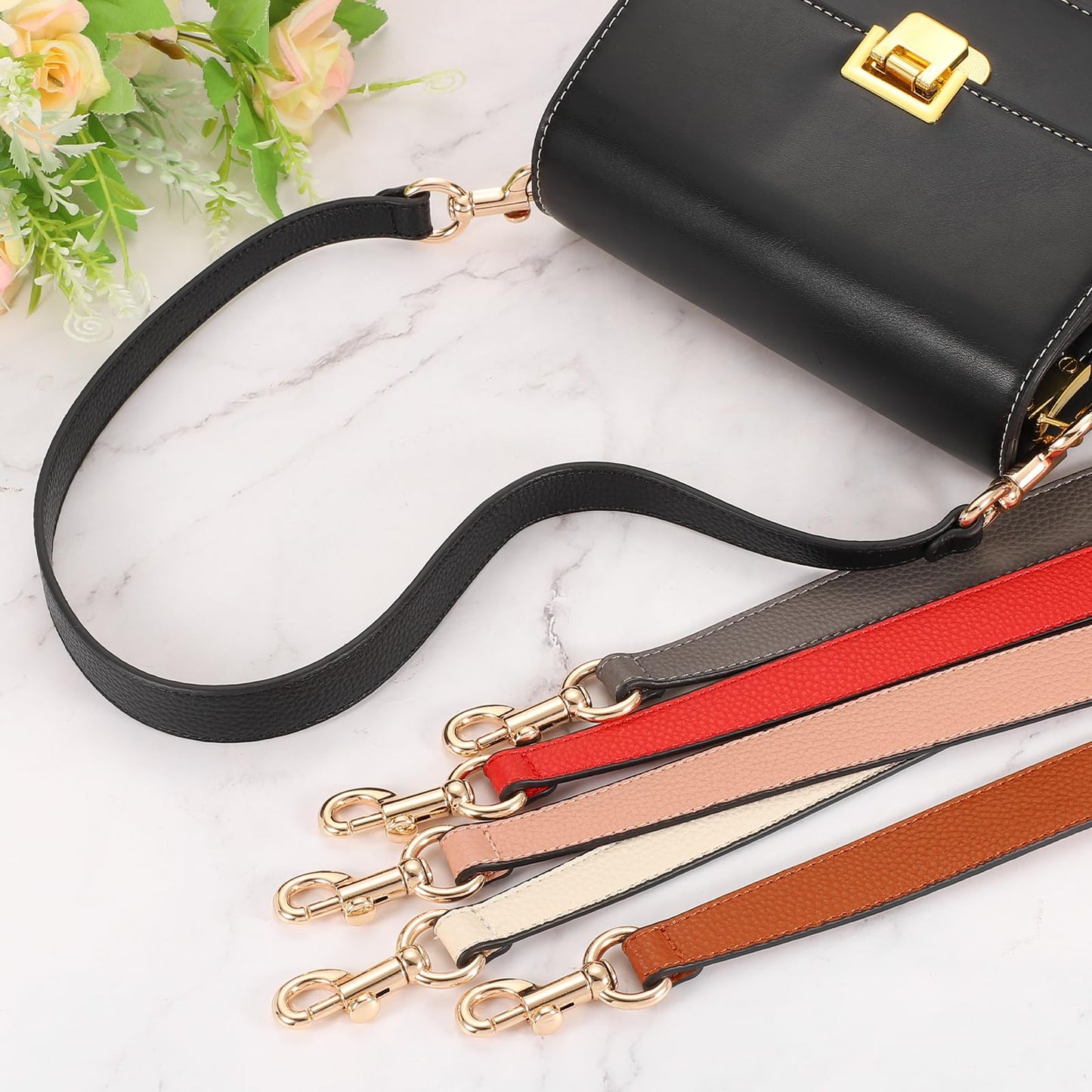 uxcell 14.17 Inch PU Leather Short Bag Strap with Clasp, Purse Handles Handbags Replacement Straps for Clutch Bag Underarm Bags, Black, Silver Buckle