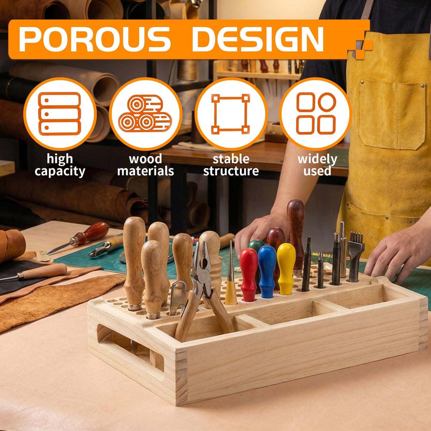 Leather Craft Tool Holder, 98 Holes Wooden Leatherworking Tool Rack Stand Organizer with 3 Slots, Tool Storage Rack Suitable for Storing Craft Supplies, Paintbrushes and Felt-tip Pens