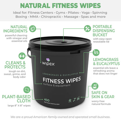 Wipex Yoga Mat Cleaner Gym Wipes - Plant-Based Lemongrass, Eucalyptus & Vinegar Wipes for Fitness Equipment & All Purpose Gym Cleaning - Safe for Peloton Bikes & Treadmills - 400 Count