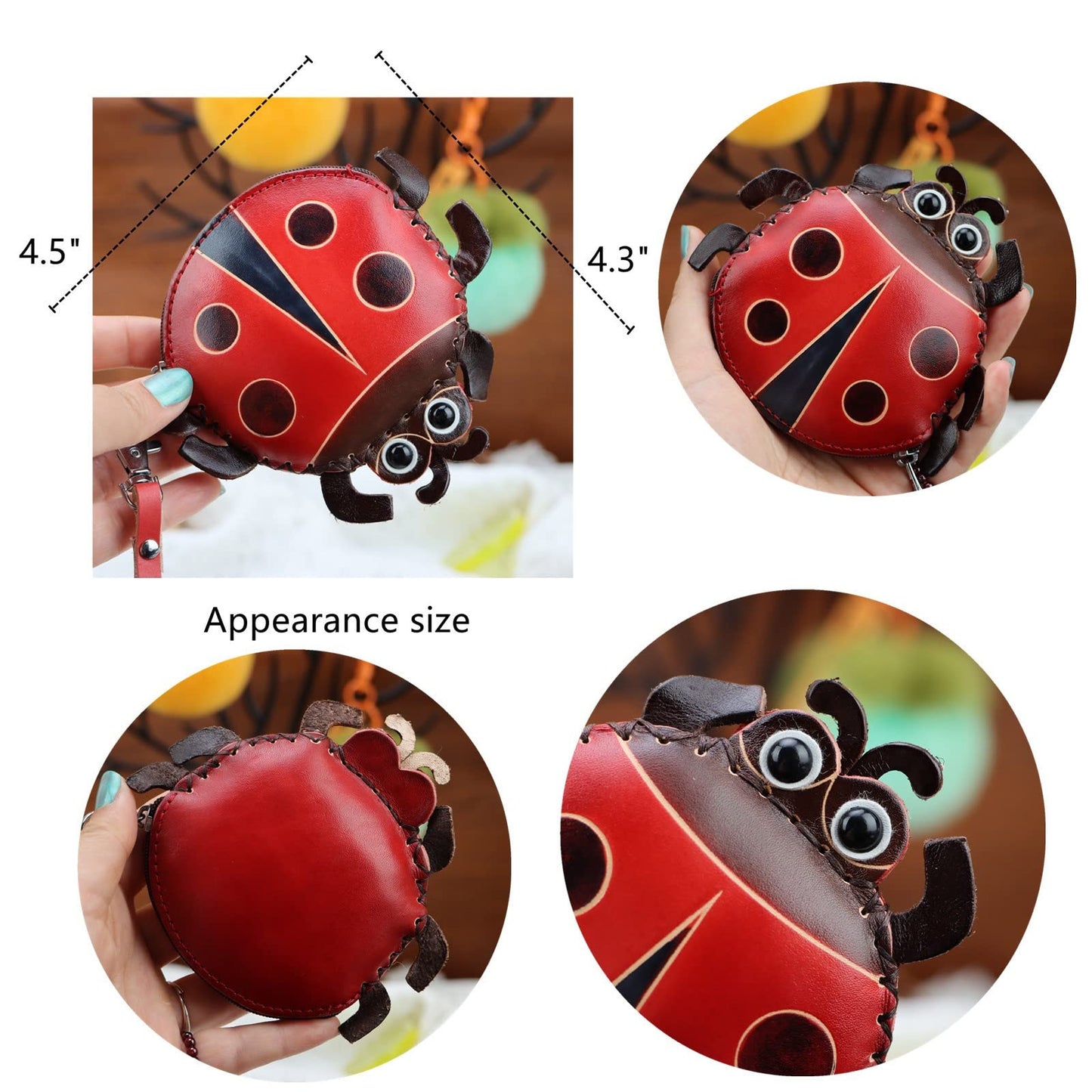 Fanyixuan Vegetable Tanned Leather Cowhide Ladybug Coin Purse Suitable For Storing Coins Keys Lipstick Creative Gift Clutch Bag