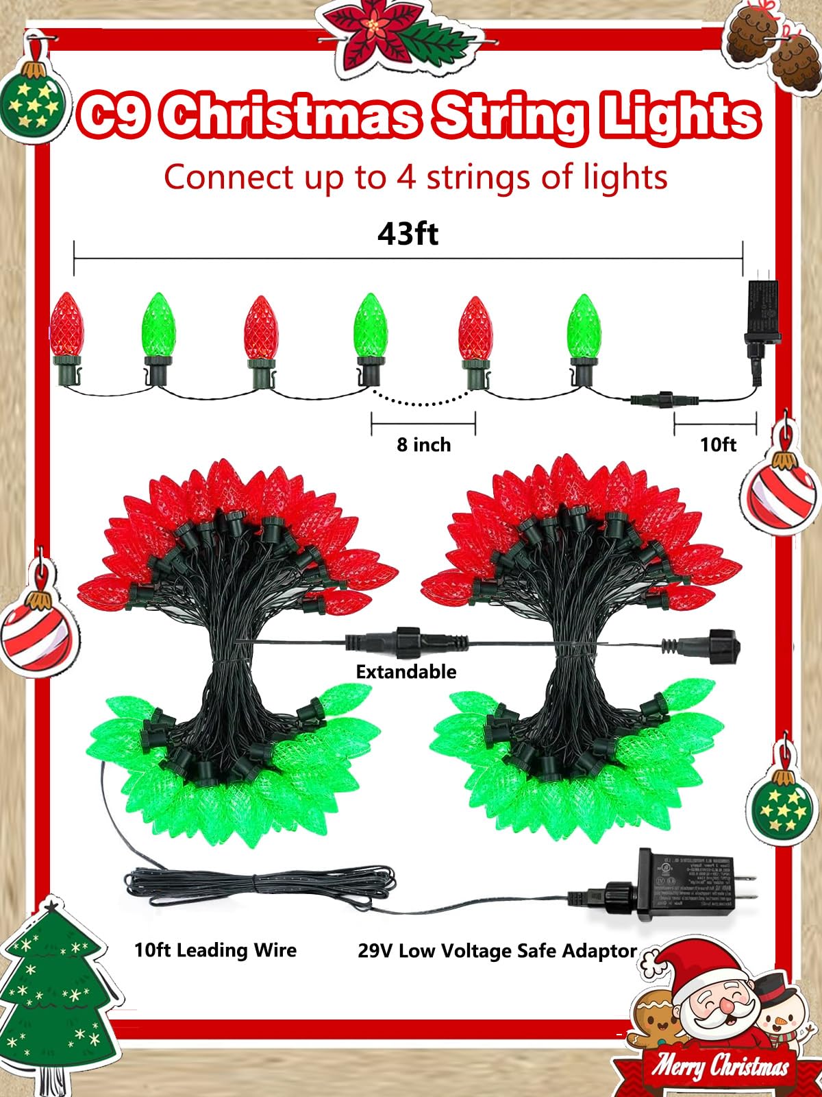 2 Pack 66FT 100LED Extendable C9 Christmas Lights Outdoor/Indoor, Waterproof Christmas String Lights Plug in, Green Wire LED Fairy Lights for Xmas Tree Garden Patio Wedding Party Decor (Red and Green)