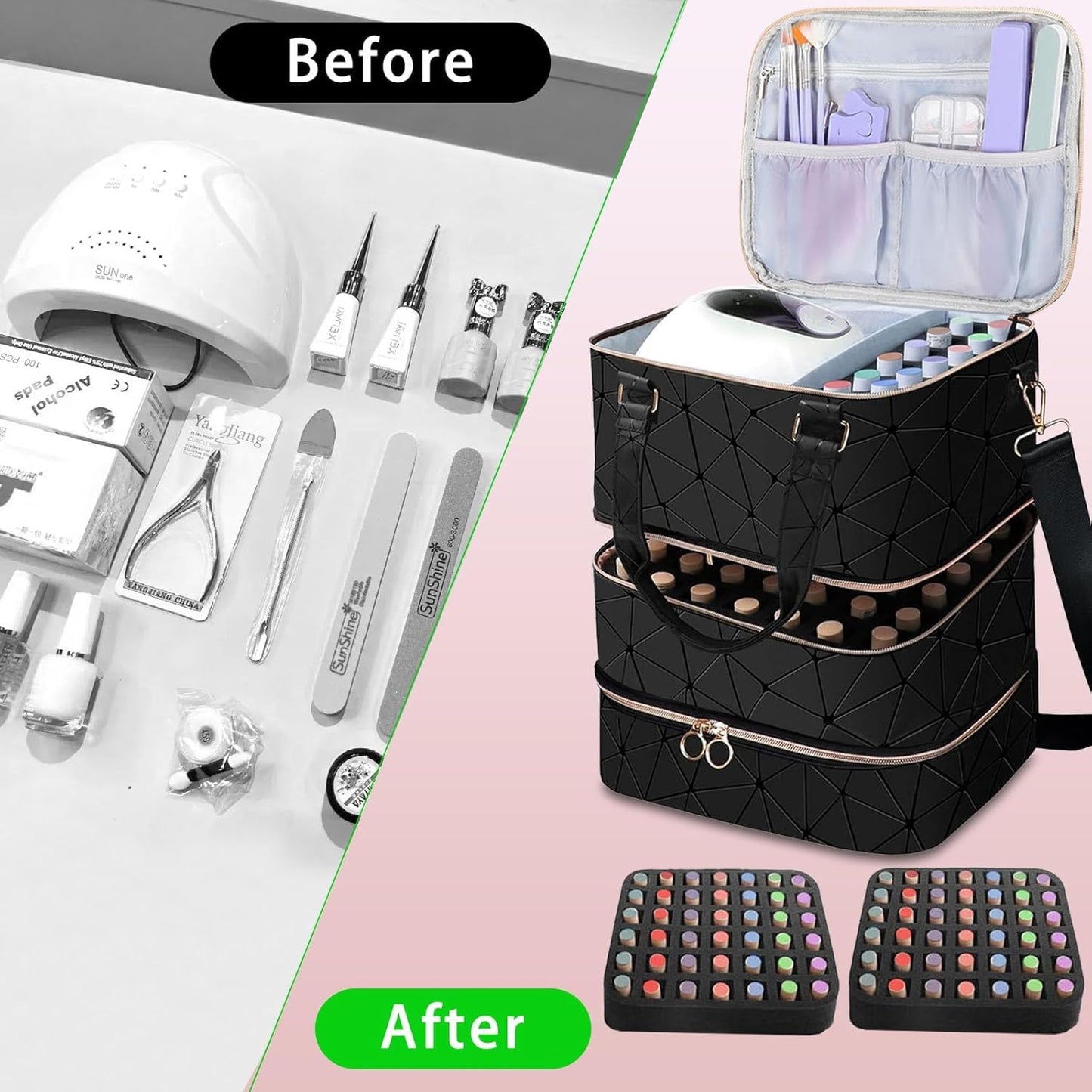 Yttriuny Nail Polish Organizer Holds 84 Bottles (15ml/0.5fl.Oz) + UV Lamp & Manicure Tools, 3-Layer Detachable PU Leather Nail Kit Storage Bag,Large Travel Shoulder Bag for Nail Supplies – Black