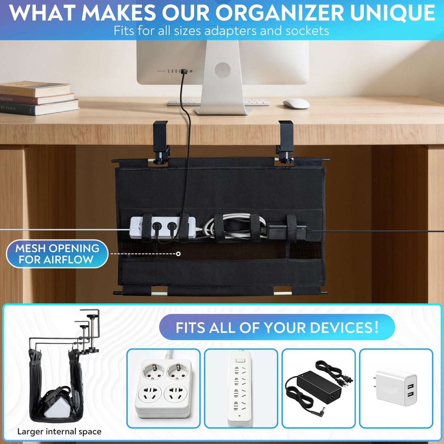 Fabric Under Desk Cable Organizer - Cord Organizer for Desk with 20-Piece Cable Management Kit, Easy Clamp or Screw Mount for Standing Desk Cable Management, Mesh Ventilation Slot