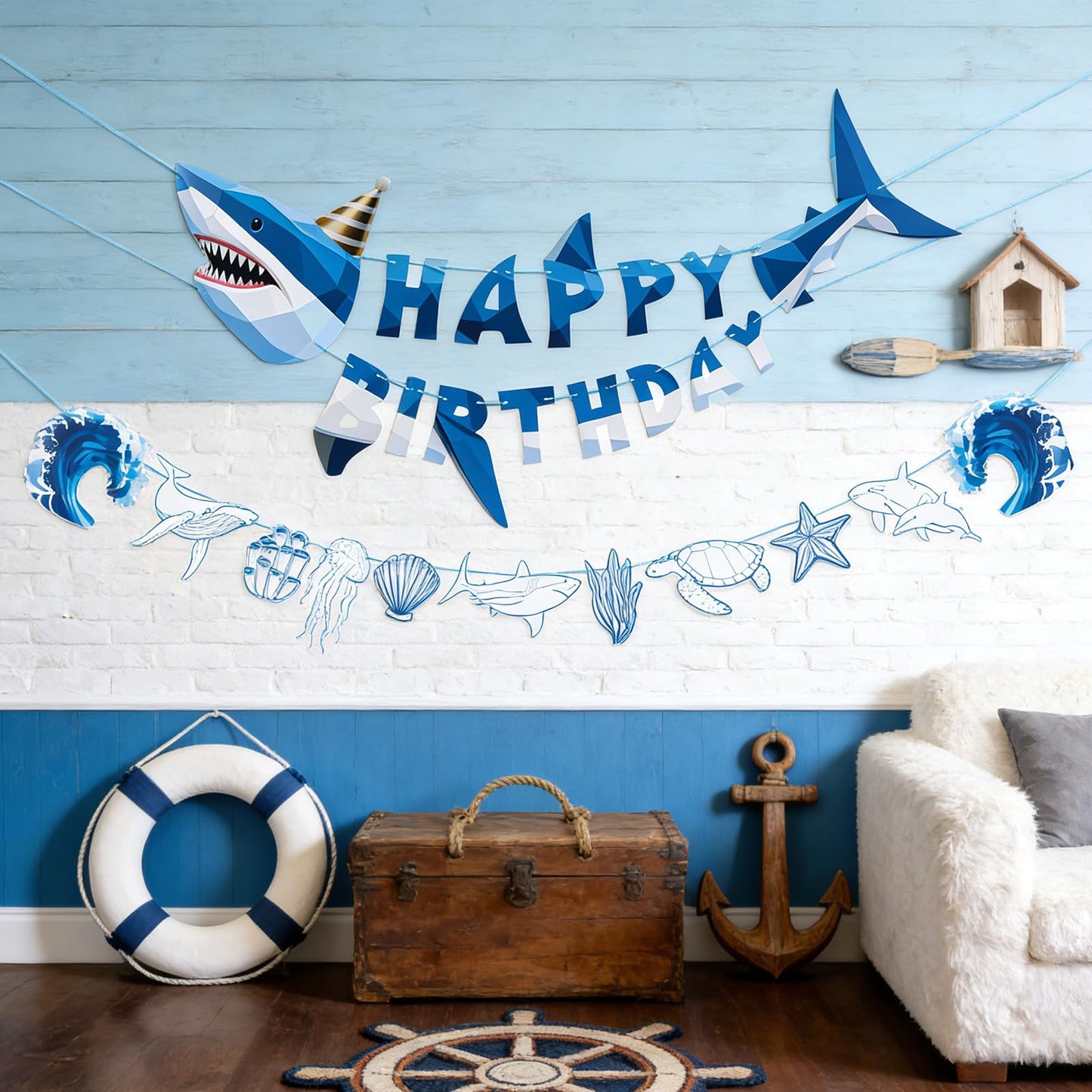 SUNBEAUTY Shark Birthday Party Decorations Shark Happy Birthday Banner Ocean Theme Hanging Shark Garland Under The Sea Pre-strung Shark Birthday Banner for Boys Baby Shower Beach Summer Pool Party（Blue）