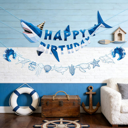 SUNBEAUTY Shark Birthday Party Decorations Shark Happy Birthday Banner Ocean Theme Hanging Shark Garland Under The Sea Pre-strung Shark Birthday Banner for Boys Baby Shower Beach Summer Pool Party（Blue）