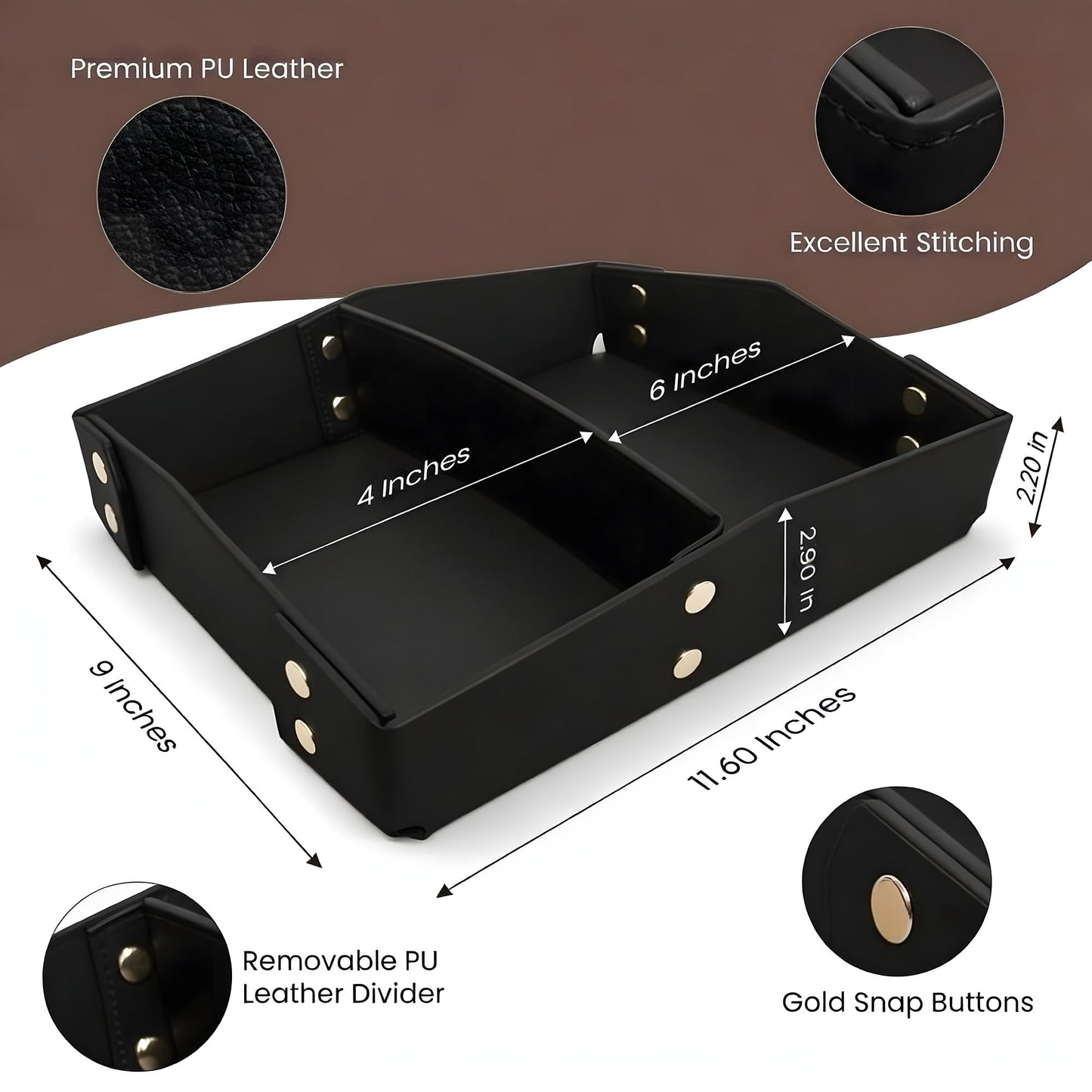 CAVIANA Valet Tray Organizer for Men & Women - PU Leather Catch All Tray with Removable Divider - EDC Storage for Keys, Watch, Phone - Nightstand, Dresser & Desk Organizer - Obsidian Black