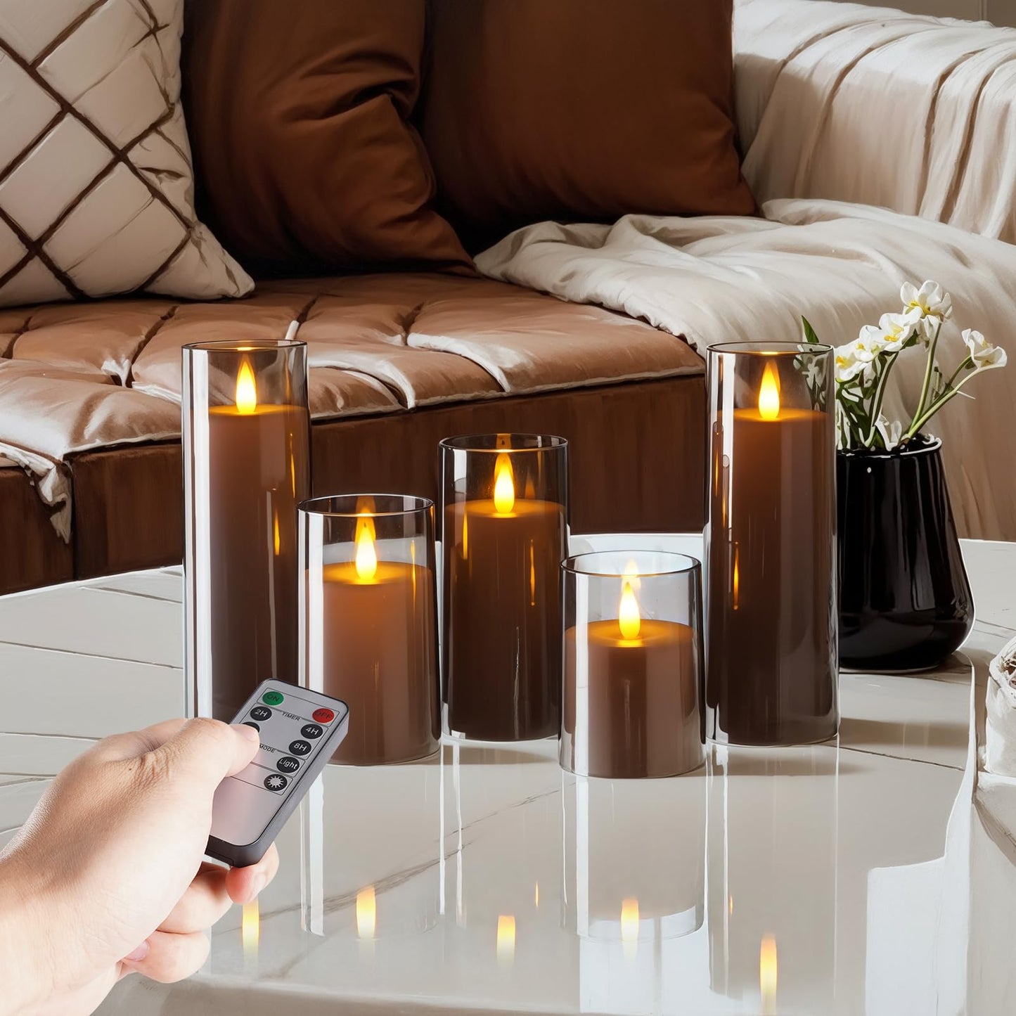 Homemory Realistic Flickering Flameless Candles, Battery Operated Candles, LED Fake Electric Candle with Remote Control and Timer for Home, Christmas Decoration, Grey, Set of 5