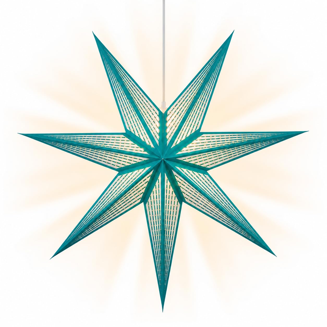 GalaxyArts 7-Point Paper Star Lantern - Striped Cutout Hanging Light Decoration - Foldable Star Lamp Shade for Home, Party, Christmas, Wedding Décor - Indoor/Outdoor Hanging Star(Turquoise)