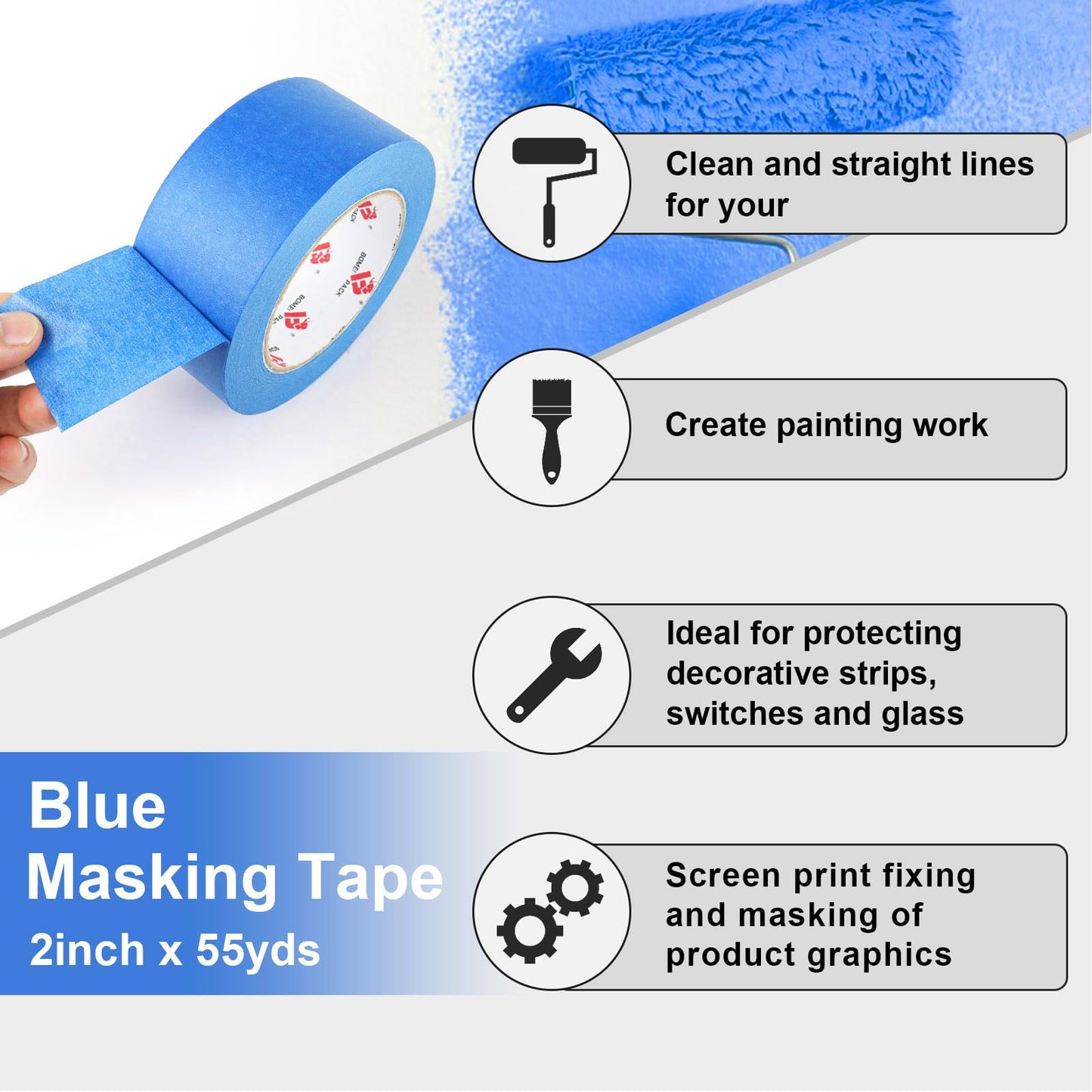 BOMEI PACK 10 Rolls Painters Tape 2 inch Wide, Painter's Tape Blue Masking Tape 2 inch x 55 Yards for Walls Painting, Home Improvement and School Projects, Total 550 Yards