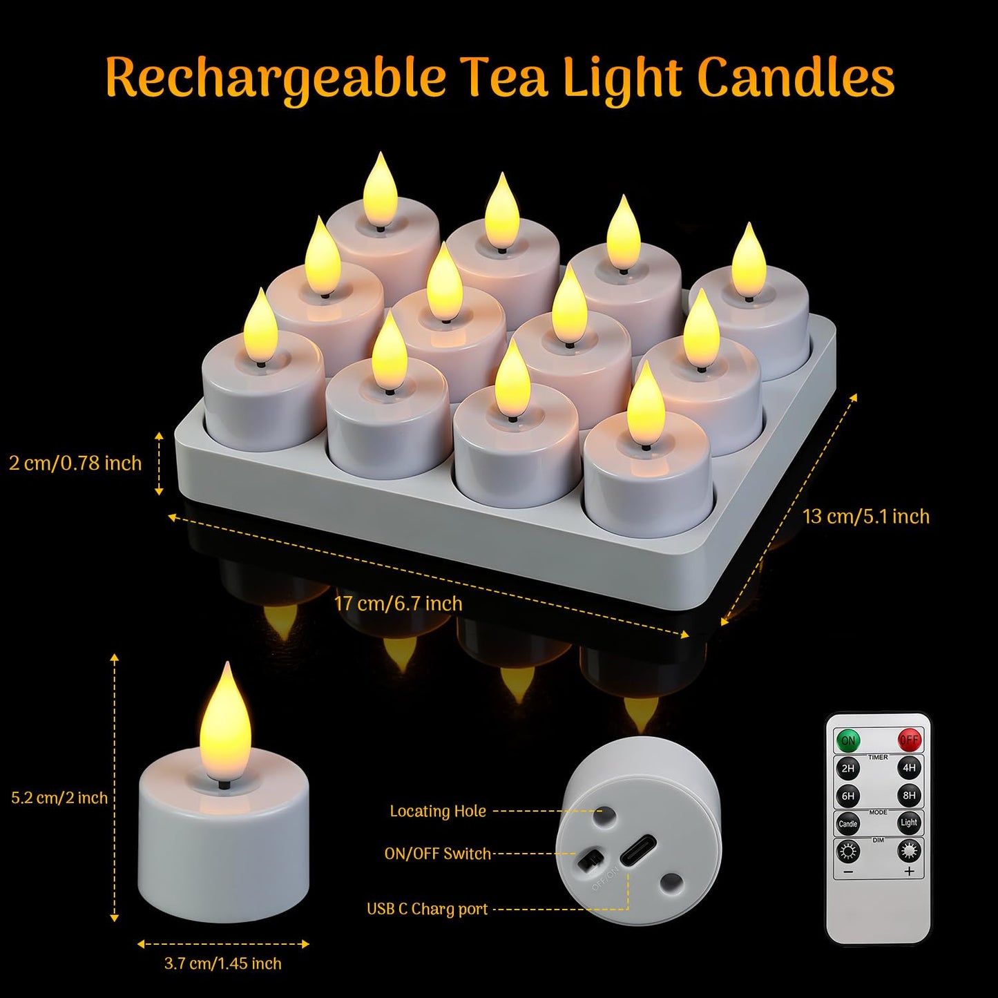 Lacasa Rechargeable LED Tea Lights, 12 Pack Flameless Candles with Remote Control Timer & Charging Base, Battery Operated Flickering Votive Candles for Wedding, Halloween, Christmas, Home Decor