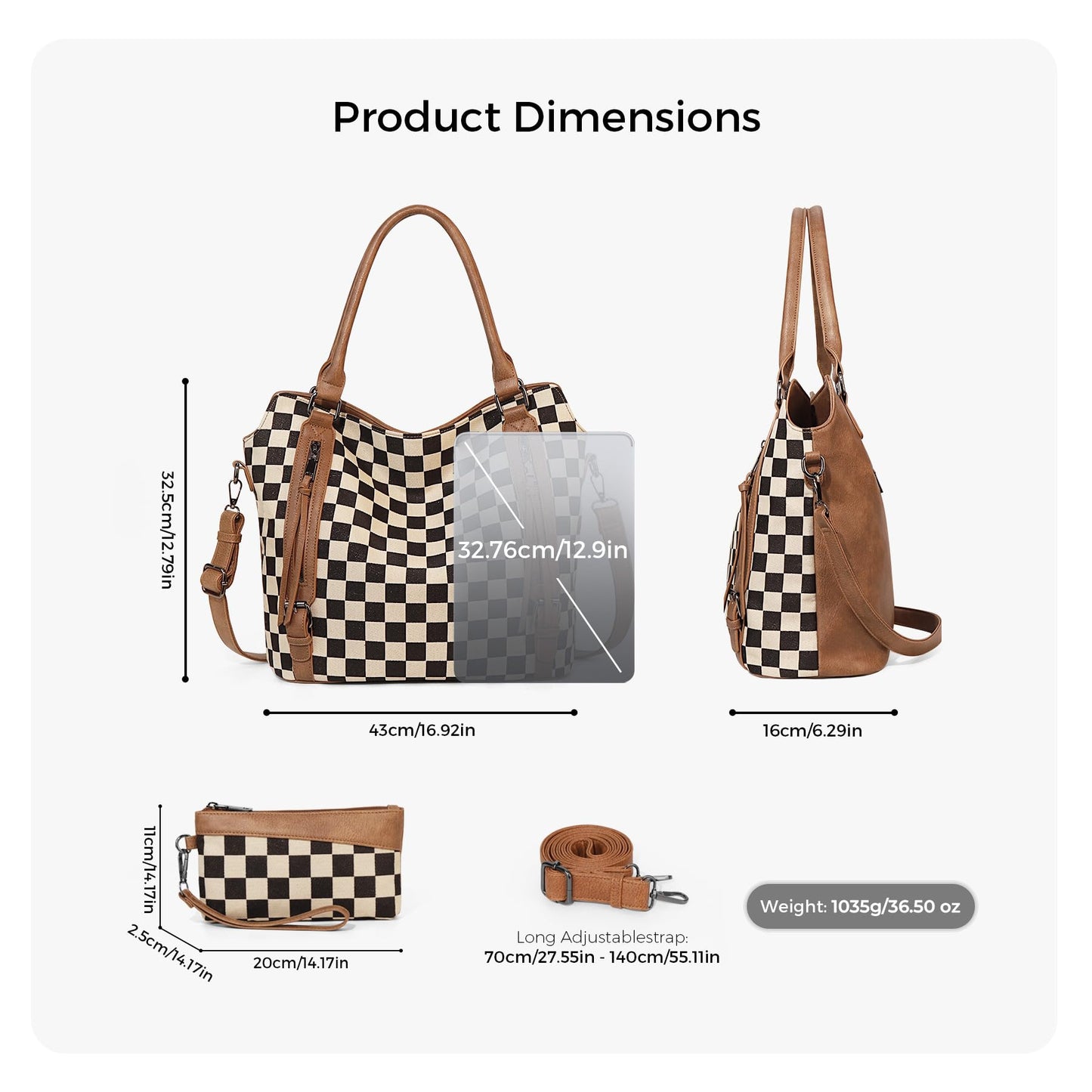 Duyijiff Checkered Tote Bag Large Checkered Purses for Women Plaid Hobo Shoulder Bag Multiple Pockets Tote Handbags (Brown)