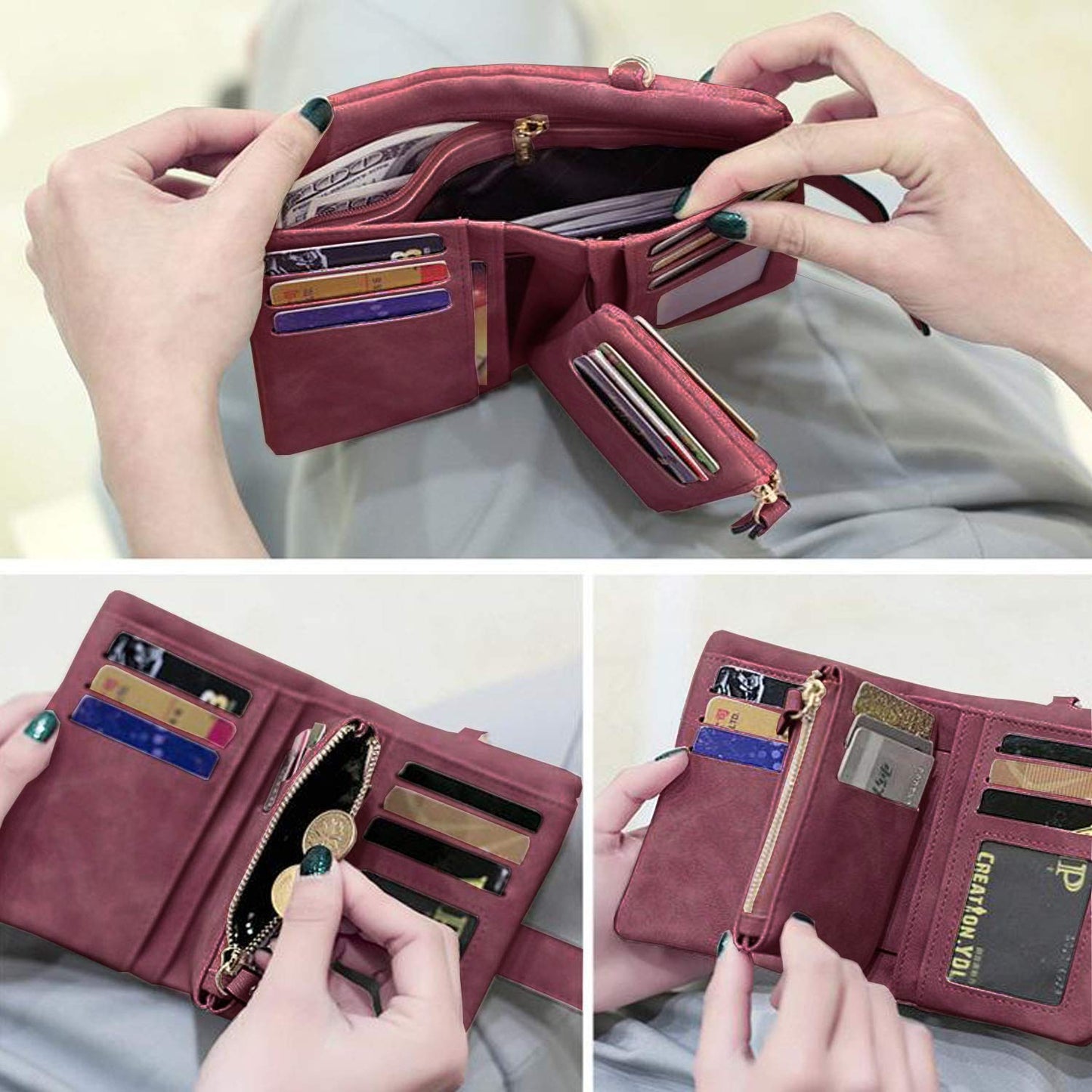 PofeeXIO Womens Small Bifold Leather Wallets RFID Ladies Wristlet with Card Slots id Window Zipper Coin Purse (Purple)