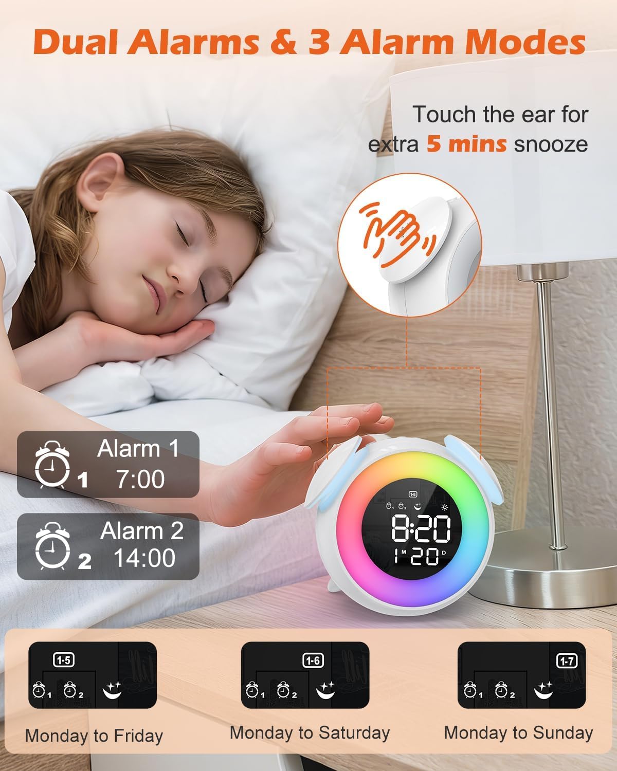PENTASPI Alarm Clock for Kids, Ok to Wake Alarm Clock, Toddler Sleep Training Clock with Multi-Colors Night Light, 7 Ringtones, 3 Level Volumes, Dual Alarms, Snooze for Kids Girls Boys Adult