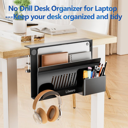 Litwaro Desk Side Storage, No Drill Laptop Holder with Magnetic Pen Holder, Clamp on Laptop Mount with Sticky Headphone Stand, Hanging Organizer for Office, Fits Flat Table Edge 0.4" to 2" (Black)