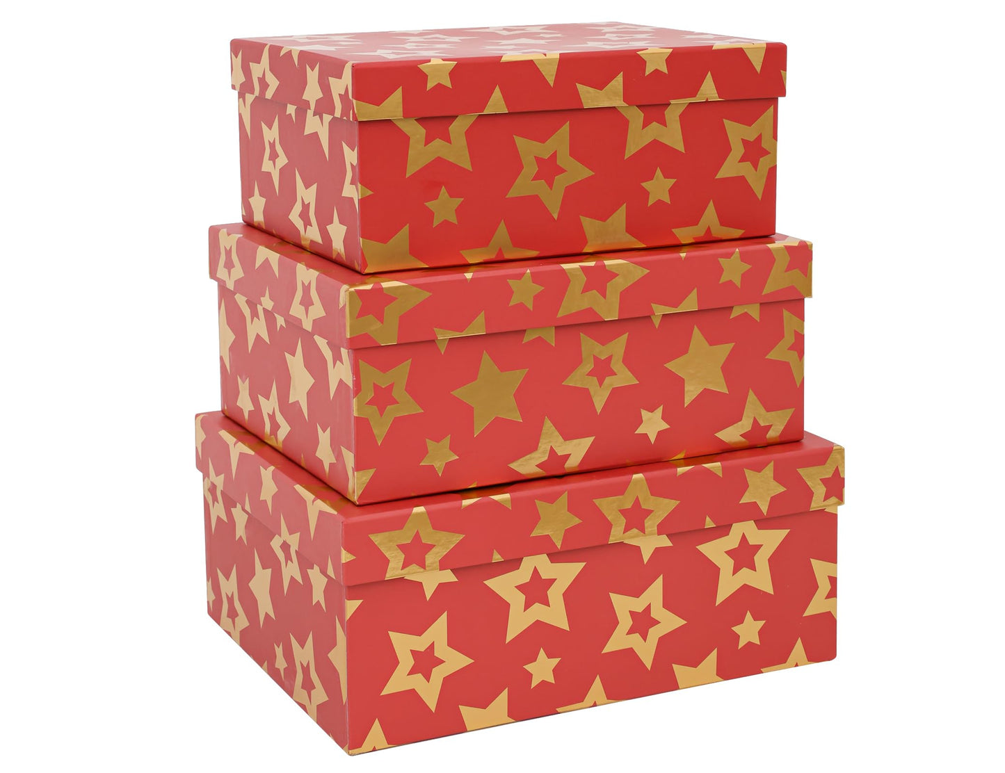 MIZFRUZZY 3-Piece Seasonal Holiday Boxes with Lids for Presents, Red Gold Star, Presentation Wrapping, Cardboard Paper Box for Holiday Parties, Hostess Gifts, Decorative Christmas Box