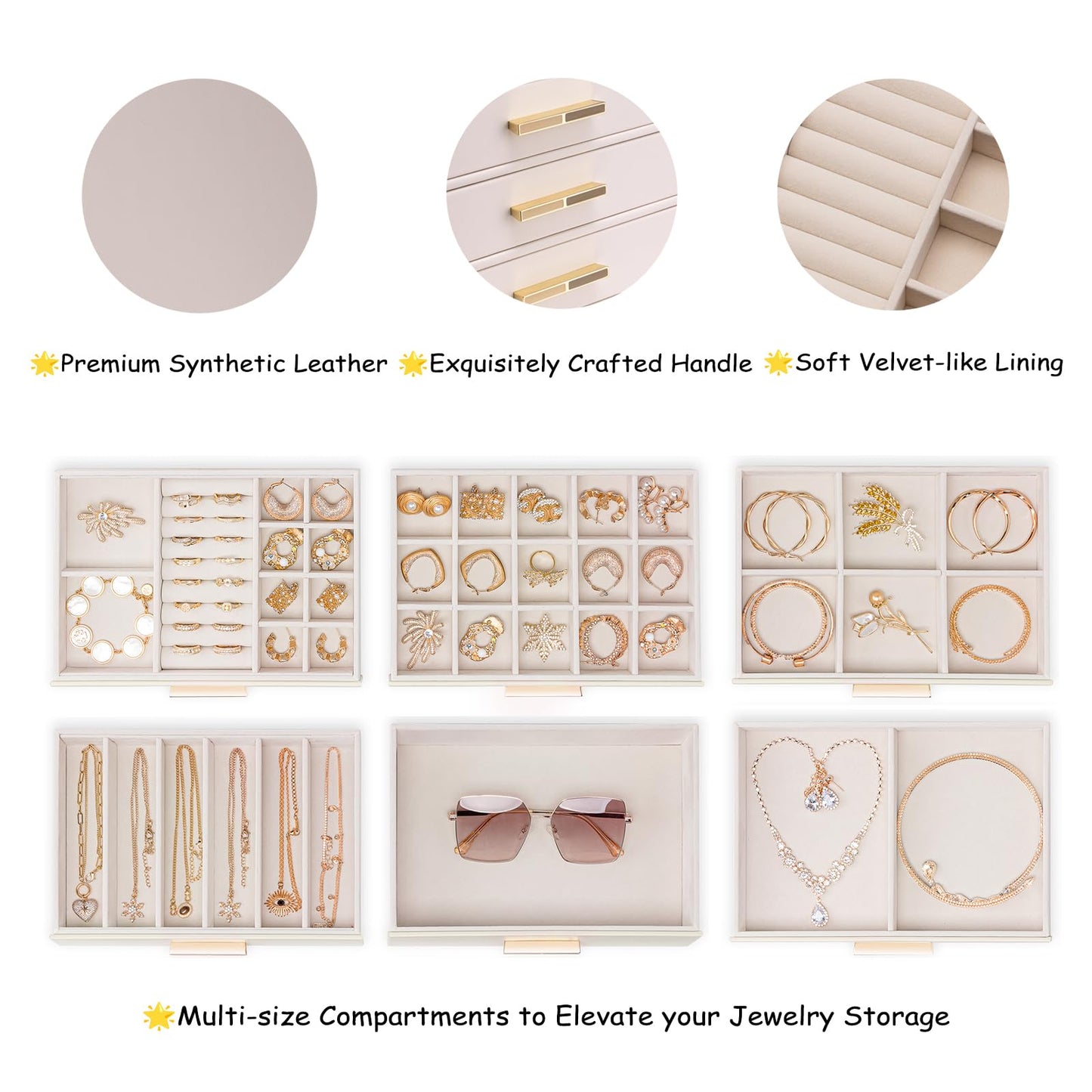 VLANDO 6-Drawer Jewelry Box with Glass Lid, Faux Leather Organizer for Rings Earrings Necklaces and More, Gift-Ready Jewelry Case for Women Girls or Moms, Pink Beige