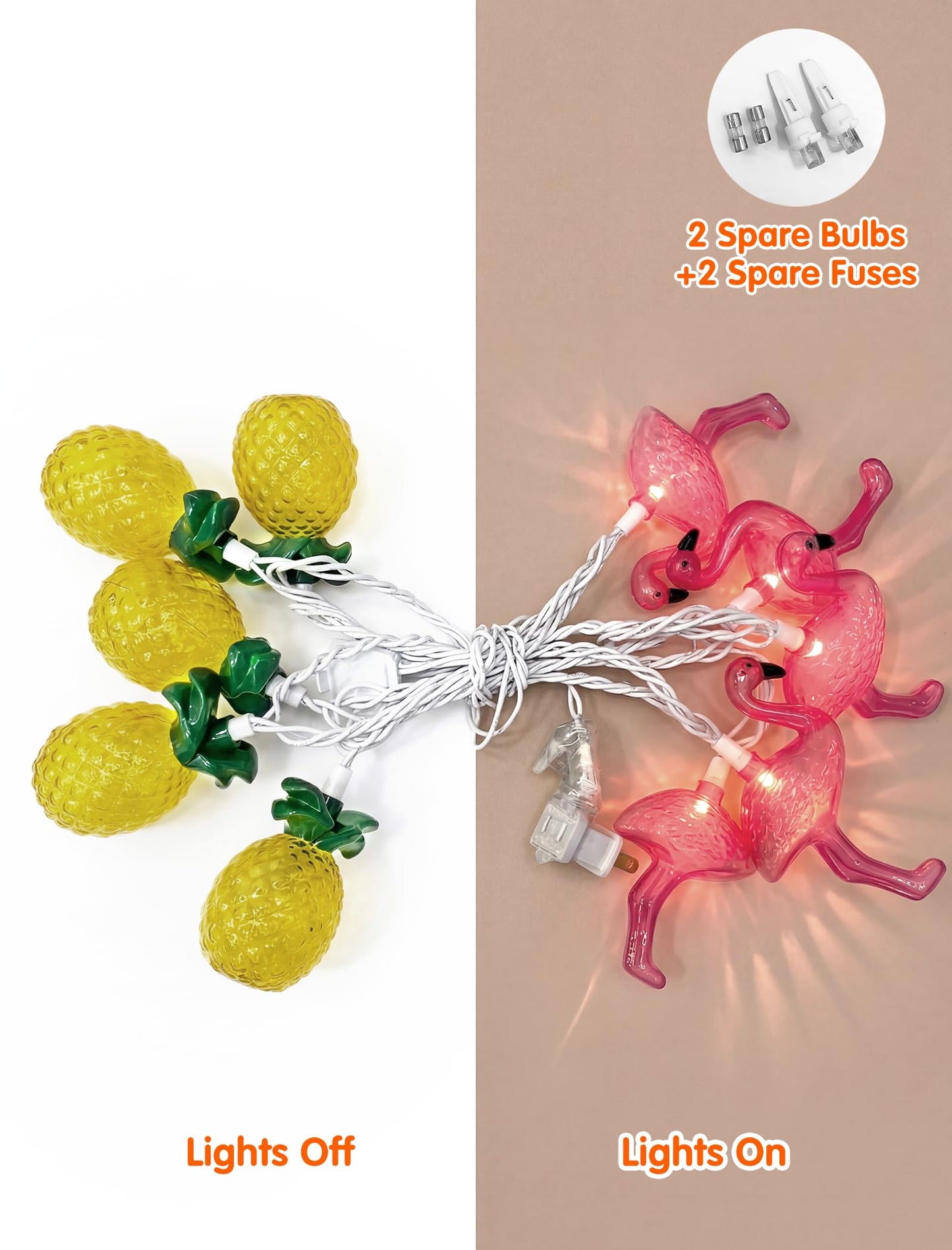 8.5FT Flamingo Pineapple Summer String Lights, Boho Tropical Tiki Summer Decorative String Lights with 10 LED Bulbs, Connectable Outdoor Indoor Decor for Hawaiian Luau, Pool Party, Patio, Beach