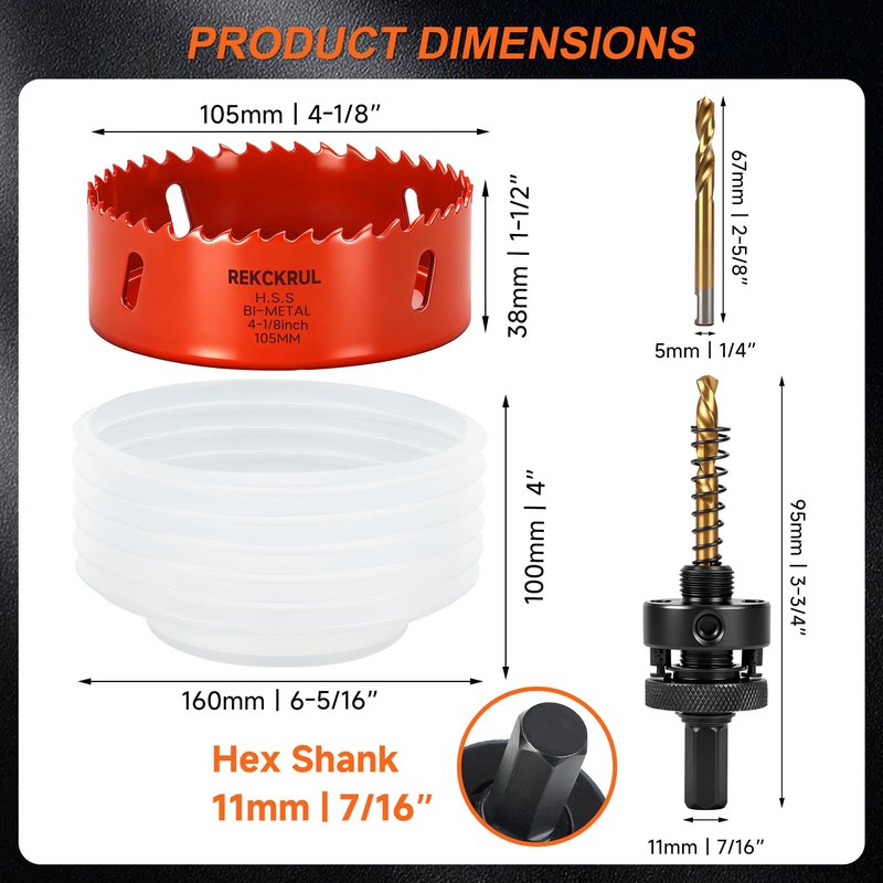 REKCKRUL (105mm | 4-1/8 Inch) HSS M42 with 8% Cobalt Bi-Metal Hole Saw – for Wood, Metal, Plastic, Drywall, PVC, Gypsum Board, Rubber – Includes Dust Bowl Catcher, Arbor, 2 Pilot Drill Bits & Hex Key