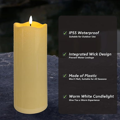 2pack 4"*12" Large Waterproof LED Battary Operated Candles with Remote, Flickering Pillar Electric Flameless Candles for Christmas, Outdoor Larterns,Ivory