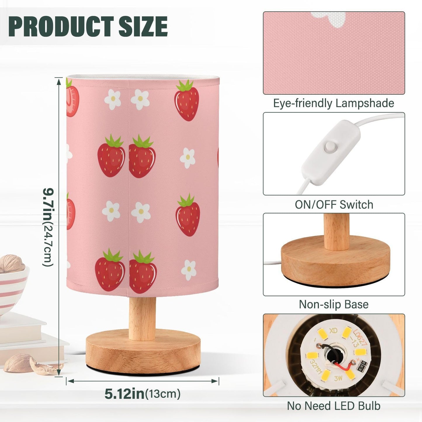 Oarencol Bedside Table Lamp Cute Strawberry Florals Nightstand Lamp with Wood Fruits Flowers Pink Desk Lamps for Bedroom Living Room Nursery Office Home Decor