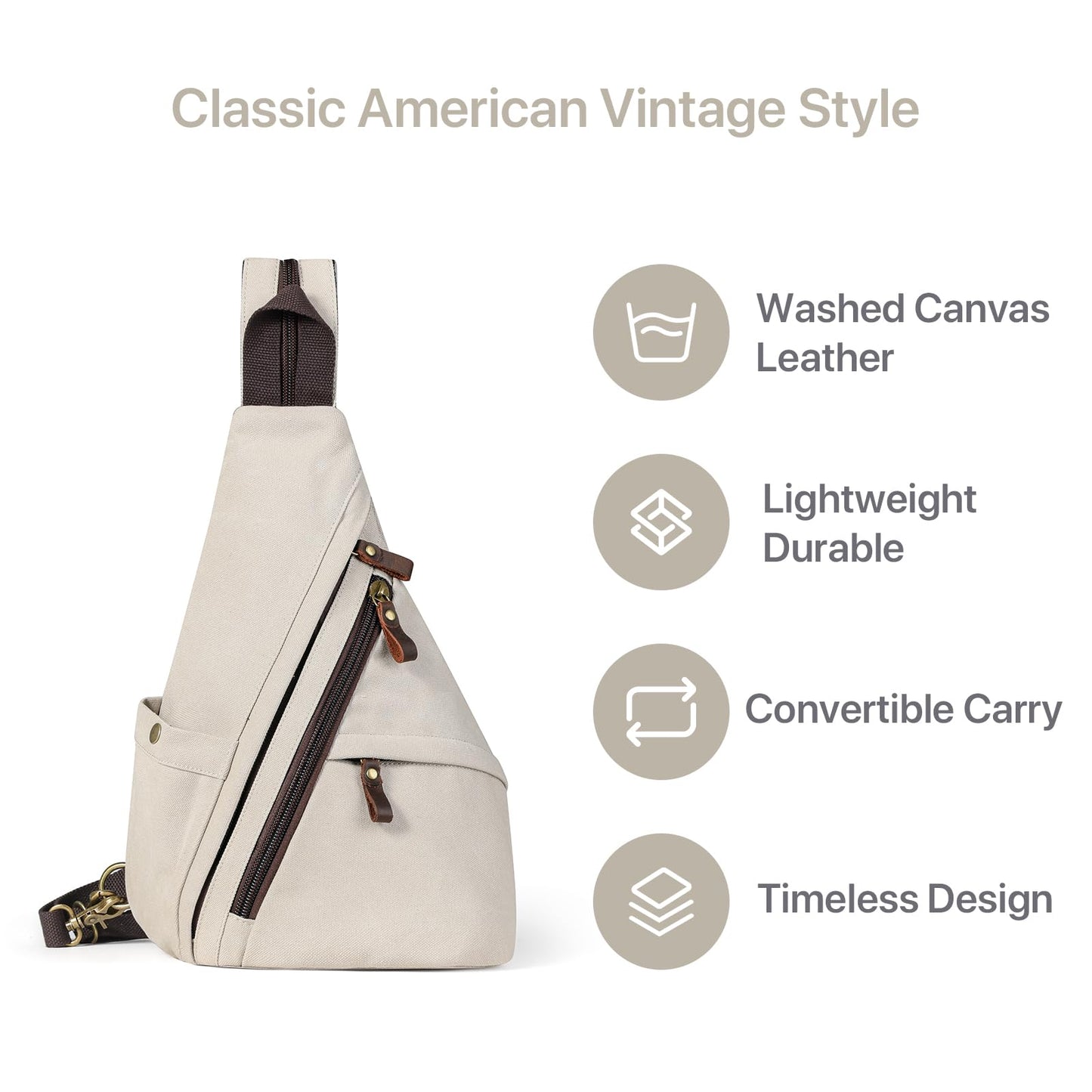 BRASS TACKS Leathercraft Vintage Canvas Sling Bag for Men and Women, 3-in-1 Convertible Crossbody Backpack Chest Bag with Genuine Leather Zipper, Large Capacity Travel Daypack (Off-White)
