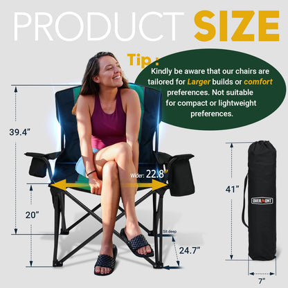 Overmont Oversized Folding Camping Chair - 450lbs Support with Padded Cushion Cooler Pockets - Heavy Duty Collapsible Chairs for Sports Garden Beach Fishing Green